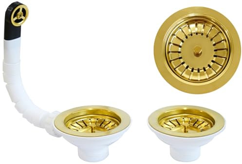 Piletta pilettone di scarico tipo basket per lavello lavabo 2 vasche con troppo pieno, con attacco da 11/2 e Foro da Ø 90mm, Pilettone Ø 114mm, piletta standard in acciaio PVD Oro con vite e cestello