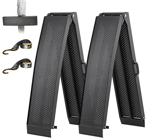 680kg Capacity Aluminum Vehicle Ramp for Bike/Motorcycle/ATV | 226cm x 28cm, 2 PCS, Folding to Store and Carry, Non-Slip, with Handle, Safety Straps, for Lawnmower/Motorbike/ATV/Dirtbike