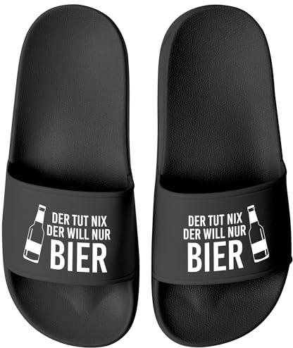 MoonWorks® Badeschlappen Spruch Lustig Der tut nix der will nur Bier Badelatschen Aufdruck Herren Umisex Badeschuhe Schwarz-schwarz 40