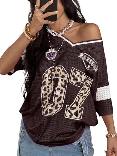 SOLY HUX Women's Y2k Leopard Number Graphic Oversized Tops Football Jersey Shirts Streetwear Brown Graphic Large