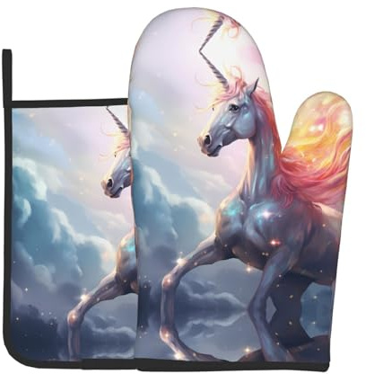 Buntes Einhorn-Ofenhandschuhe, Ofenhandschuhe und Topflappen-Set zum Backen, Mikrowelle und Grillen.