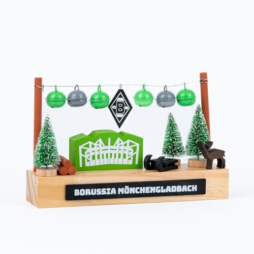 Borussia Mönchengladbach Weihnachtslandschaft „Borussia Park“ | Offizieller Fanartikel Fohlenshop | Miniatur mit Weihnachtsdeko, Glöckchen & Vereinslogo | Holzsockel
