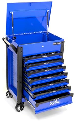 DSD TOOLS Steel Tool Chest Trolley Cabinet Fully Loaded Workshop Tool Box on Castors with Lockable Storage and Easy Mobility (Blue Lift Top)