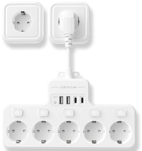 Inhwatek Prise Multiple Murale avec USB C, Multiprise 5 Prises Parafoudre et Surtension avec Interrupteur Individuel, Multi Prise Plate Murale, Bloc Multiprise pour Bureau de Cuisine