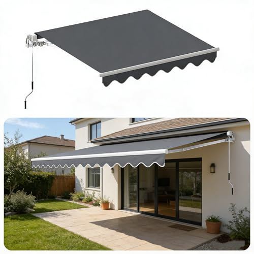 Ferzone Gelenkarmmarkise 400x300 cm mit Handkurbel, Sonnenschutz Balkonmarkise mit UV-Schutz & Witterungsbeständig, Winkel Einstellbar, Wasserdicht Klemmmarkise für Balkon & Terrasse, Dunkelgrau