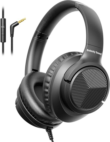 Headphones Wired with Microphone, 3.5mm Corded Headphones for School, Black | Wired Over Ear Foldable Plug in Headphones, 4.9ft Tangle-Free Nylon Cord for School, Tablet, Laptop, MP3/4, Airplane Travel