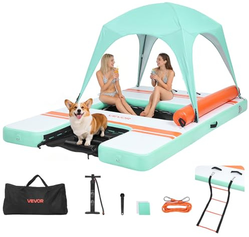 VEVOR Pontile Galleggiante Gonfiabile con Tenda Parasole 3,05 x 1,83 m da Mare Piscina, Piattaforma Galleggiante con Superficie Antiscivolo, Rampa per Cani, Isola d'Acqua per Piscina Spiaggia Mare