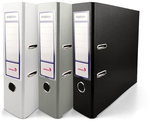 Netuno 3x Aktenordner A4 breit Weiß Schwarz Grau 8cm Kunststoff | Ringordner Ringmappe für A4-Dokumente Büro Studium Homeoffice Ordnungssystem Aktenaufbewahrung Dokumentenablage Registratur