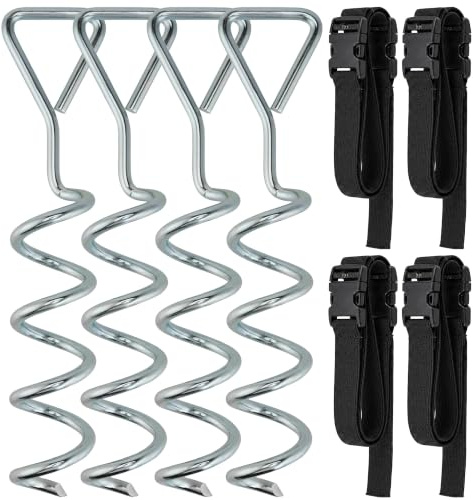 SPORTNOW 4Pcs Trampoline Anchor Kit, 32 cm Heavy Duty Steel Ground Anchors | Galvanised Steel Trampoline Stakes, Spiral, Triangle Head, Adjustable Straps, Wind Resistance, Fits Tents Swings Sheds