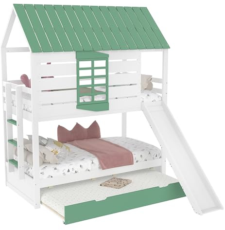 SOFTWEARY Etagenbett mit 2 Liegeflächen, Lattenrost, Dach, Rausfallschutz, Rutsche, Kinderbett, Hausbett, Spielbett, Kiefer (weiß-grün, mit Ausziehbett)