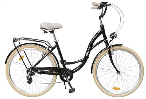Fahrrad 26 Zoll - Bequemes Cityrad für Damen und Herren - mit 7-Gang Shimano Schaltung - Komfortabler Tiefeinsteiger für Stadt und Pendler - Dallas City - Schwarz, Creme