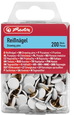 Herlitz 8770158 weiße Reißnägel, rund, kunststoffummanteltes Metall, 200 Stück in Hängebox, 5 Boxen