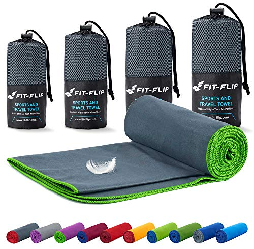 Fit-Flip Toalla Microfibra - Toallas Microfibras para el Gimnasio, Viaje, Piscina y Playa Grande de Natacion - compacta, Ultraligera y de Secado rápido (70x140cm Gris Oscura - Borde Verde)