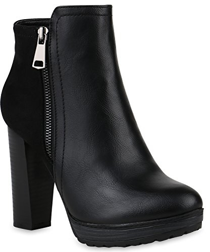 Damen Stiefeletten Plateau-Boots Zipper Holzoptikabsatz Schuhe 146553 Schwarz Zipper Black 41 Flandell