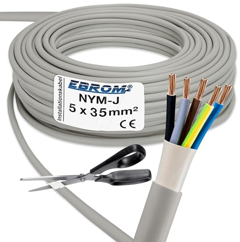 EBROM NYM-J 5x35 mm² Mantelleitung Installationskabel grau, Länge: 3 Meter | Ab 1m bis 50m Installationsleitung, Feuchtraumkabel für die feste Verlegung in trockenen + feuchten Räumen 5x35 mm2 300V/500V