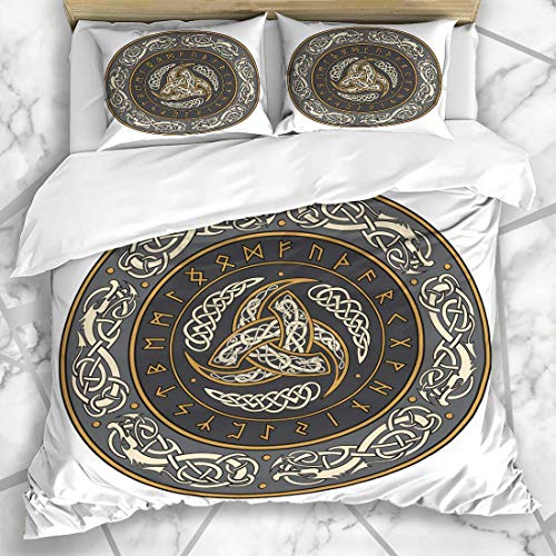 Soefipok Bettbezug-Sets Runen Mythologie Dreifachhorn Odin Dekoriert Skandinavische Magie Keltische Vintage Nordische Zauberer Amulett Antike Esoterische Mikrofaser Bettwäsche mit 2 Kissenbezügen