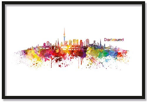 JUNIWORDS Poster mit/ohne Holzrahmen, Wähle ein Motiv, Aquarell Skyline Dortmund, Wähle eine Größe, 21 x 30 cm (S) mit Rahmen in Weiß