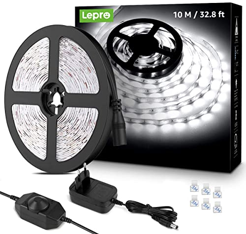 Lepro LED Strip 10M Kaltweiß, LED Streifen Kaltweiss 6000K Dimmbar, 2835 LED Band Weiß Selbstklebend, 420 LEDs Superhell LED Lichtband Leiste mit Netzteil, Lichterkette Kette für Innen Küche Deko