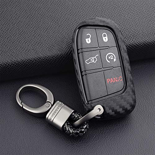M.JVisun Doux Silicone Caoutchouc Clef Coque Porte-clés pour Jeep / pour Dodge / pour Chrysler / pour Fiat Clé de Voiture - Noir - Tressé Porte-clés