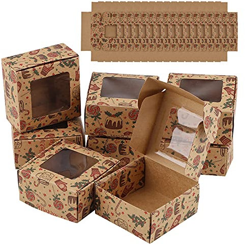 24 Stück Mini Cake Box Kraftkuchenschachteln mit Fenster 8x8x4cm Weihnachts Plätzchenboxen Einzelne Cupcake Boxen Kleine Bäckerei Box Mini-Geschenkbox Weihnachts Kraft Box für Süßigkeiten Hochzeiten