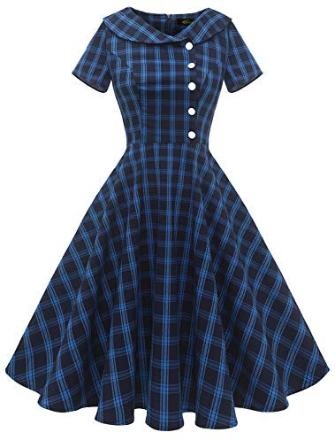 Wedtrend Robe Annee 50 Femme Vintage Rockabilly Robe Plissé avec Manches Courtes WTP20007 NavyPlaids L