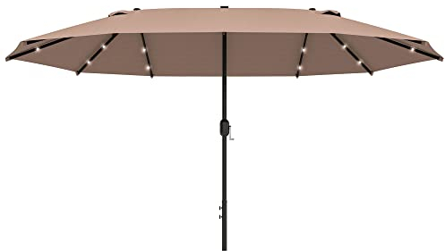 Outsunny Sonnenschirm mit LED Doppelsonnenschirm 440 x 260 cm Gartenschirm Marktschirm groß Terrassenschirm mit Handkurbel Oval Metall Khaki