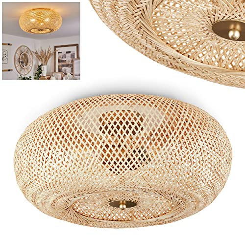 Deckenleuchte Bauro, runde Deckenlampe aus Holz/Metall in Natur/Messingfarben, Leuchte in Gitter-Optik mit tollen Lichteffekten an der Decke, Ø 46 cm, 3-flammig, 3 x E27, ohne Leuchtmittel