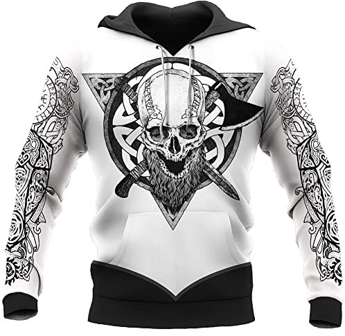 Herren Hoodies Wikinger Rabe Valknut Totem 3D Gedruckt Weißer Jogging Trainingsanzug Neuheit Kleidung Frühling(US-Größe),Viking Totem Skull,5XL