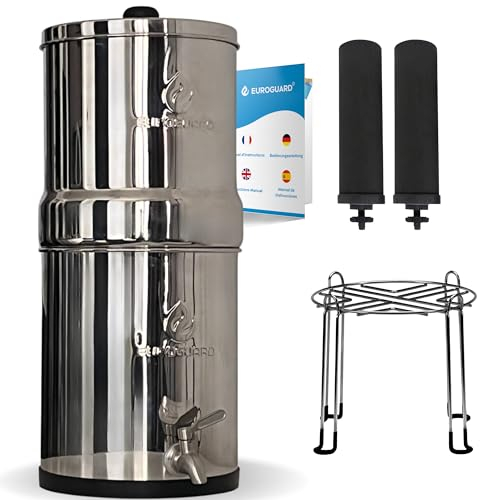 EUROGUARD® Filtro de gravedad - Sistema de filtración de agua en Acero Inoxidable 304, 8,5 L, 2 filtros de Carbón Activado, Grifo 100% INOX con Soporte en Acero Inoxidable.