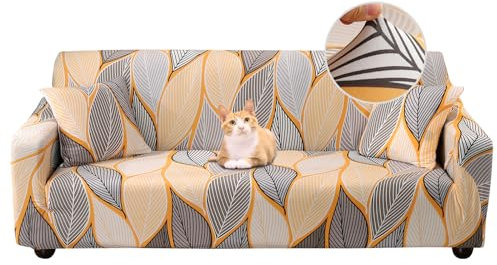 Jaotto Sofabezug 4 Sitzer Elastischer Stretch Spandex Sofa Überwürfe Sofahusse Antirutsch Waschbar Sofaschoner Couchbezug für Sofa mit Armlehne,Gelb Blätter