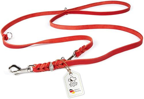 CopcoPet Hundeleine Leder 3-Fach verstellbar, Umhängeleine für große Hunde, Fettlederleine Hund geflochten – Mit Chrombeschlägen – Robust, ideal für Spaziergang, Training 3,50m x 18mm Rot