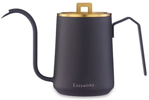 Easyworkz Schwanenhals gießen über Kaffeekessel 600ml Edelstahl Handtropfen Kaffeekanne mit langem schmalen Auslauf, Gebürstetes Gold Schwarz