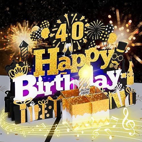 Geburtstagskarte zum 40., musikalische Geburtstagskarte mit ausblasbarer Kerze, „Happy Birthday“-Lied, Kuchen-Pop-up-Grußkarte für Frauen, Männer, Kinder, Ehemann, Ehefrau, Mama, Papa, Tochter