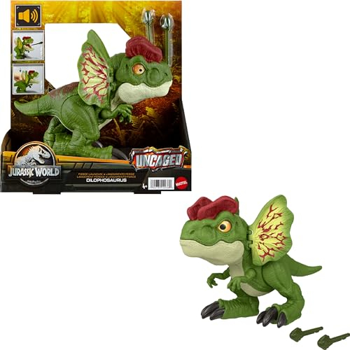 Mattel JURASSIC WORLD Dilophosaurus - Dinosaurierspielzeug mit Geräuschen und Pfeilen für wilden Kampfspaß authentisches Aussehen, 20 cm lang, für Kinder ab 4 Jahren, HNT66