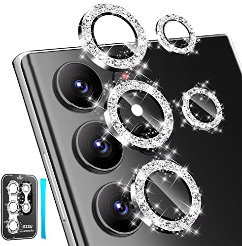imluckies Glitzer Kameraschutz für Samsung Galaxy S23 Ultra 6,8 Kamera Linse Schutzfolie, Bling Aluminiumlegierung Rand & Ultra HD Gehärtetes Glas, 9H Härte Anti-Kratz Camera Protection, Silber