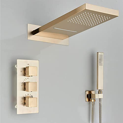Yalsfowe Duschsystem mit thermostat Unterputz Gold, Wasserfall-Duschkopf mit Handbrause, Regendusche Duschsystem, Moderne Duscharmatur-Set, Duschsystem ohne armatur Messing