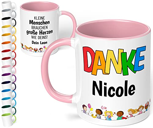 Kita Abschiedsgeschenk für Erzieherin: Kaffee-Tasse personalisiert mit Namen „Danke WUNSCHNAME – Kleine Menschen brauchen große Herzen wie Deins!“ - Dankeschön Kindergarten Krippe (Rosa)