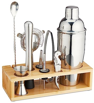 Relaxdays Set da Cocktail, 10 Accessori per Barman Kit Bar, Supporto, Shaker, Misurino, Pinza Ghiaccio, Argento Naturale, bambù, 27 x 25 x 10.5 cm