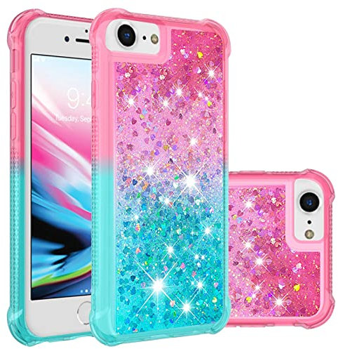 QIWEIQING Compatible for Glitter Liquid Case for iPhone 8, Sparkle Sequin Floating Quicksand Solid Love TPU Shockproof Protective Cover for iPhone 6/7 / SE 2020 / SE 2022.Pink Blue YBJ