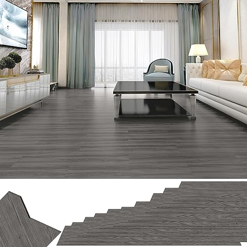 XMTECH PVC Bodenbelag Selbstklebend Vinylboden, Holz-Effekt Bodenaufkleber Wasserdicht, für Küche Wohnzimmer Badezimmer Garage, 91,44 x 15,24 cm, Dicke 2 mm, 18 stück-2.5m², Dunkelgrau