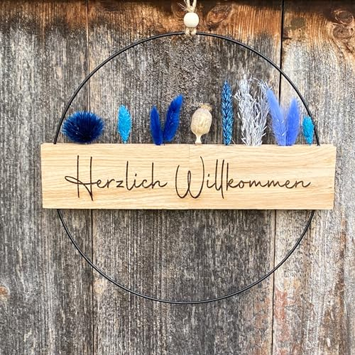 Trockenblumenkranz - Türkranz Herzlich Willkommen - Türkranz Trockenblumen - Türkranz personalisiert - Willkommensschild - (Trockenblumen Blau)