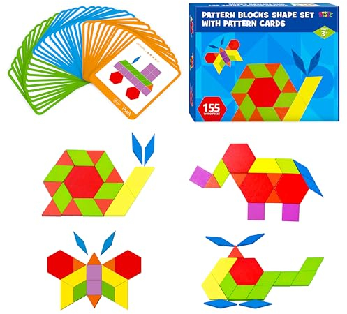 155 STK. Holz-Puzzle-Set mit Musterblöcken, 24 doppelseitigen Designkarten (48 Muster), geometrisches Formenpuzzle, lustiges Tangram-Montessori-Lernspielzeug für Kinder im Alter von 4-8 Jahren