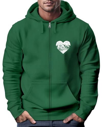 Neverless® Herren Sweatjacke Wandern Herz Print Aufdruck Motiv Zipjacke mit Kapuze Männer Outdoor Fashion Bottle-Green XL
