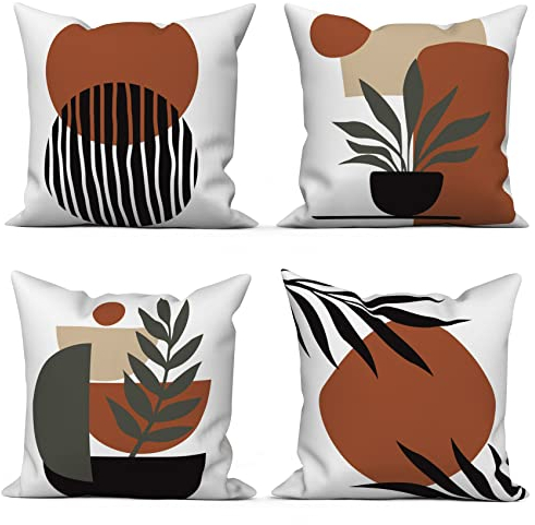 ASDCXZ Boho Kissenbezug 50x50 cm 4er Set, Modern Abstrakt Schwarz Blätter Sonne Weiß Sofa Dekokissen Kissenbezüge Kissenhülle Waschbar Polyester Flachs Textil Outdoor Kopfkissenbezug Kissen Bezug