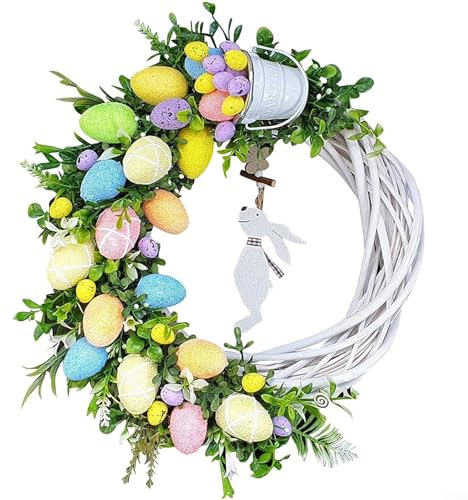 Couronne d'œufs de lapin de Pâques en acrylique à suspendre, couronne de fleurs artificielles pour porte d'entrée (D)