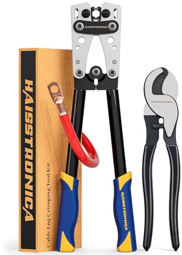 haisstronica Heavy Duty Battery Cable Crimping Tool Kit-Ratchet Hex Extended Handle Crimper for 8,6,4,2,1,1/0 AWG Copper Lugs with Cable Cutter