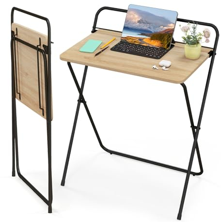 LIFEZEAL Table d'Ordinateur Pliante, Bureau Informatique Pliable avec Support pour Tablette, Plateau en Bois et Cadre en Fer, Charge 50 kg, 64x43x80 cm, Naturel