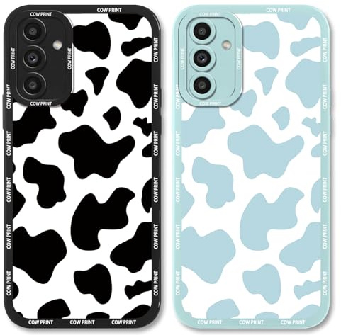 Yoedge Niedliche Handyhüllen für Samsung Galaxy A14 5G, 17,3 cm (6,8 Zoll), modisches Kuhmuster, Silikon, schlank, weich, TPU, stoßfest, Funda Para, Mädchen, Schwarz und Blau, 2 Stück