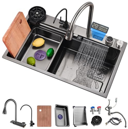Lavello cucina Nano nero lavandino a cascata in acciaio inossidabile 304 lavandino cucina per postazione di lavoro a vasca singola con Display digitale multifunzionale Rubinetti estraibili 80x45 cm