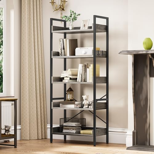 YITAHOME Bücherregal mit 5 Ebenen, bodenstehendes Bücherregal, Holzregal und stabile Stahlrahmenregale mit 4 Haken, industrielles Lagerregal für Wohnzimmer, Heimbüro, Graues Standregal